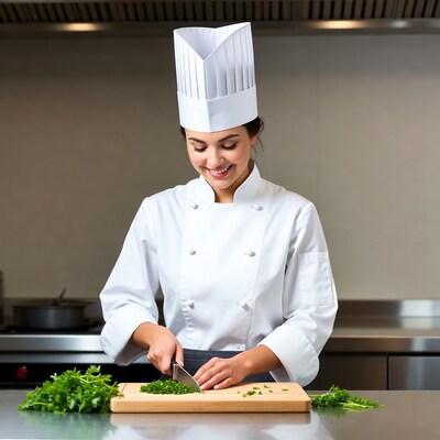 Female chef chopping parsley