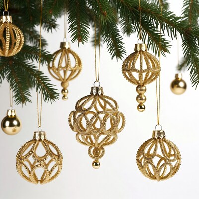 Gold filigree Christmas ornaments on pine branches