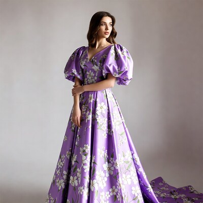 Woman in purple floral gown