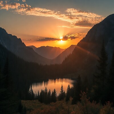 Sunset over mountain lake