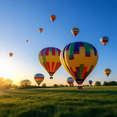 Colorful hot air balloons over green field