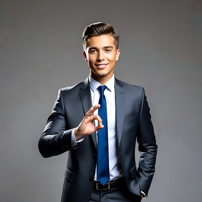 Smiling young man in suit gesturing