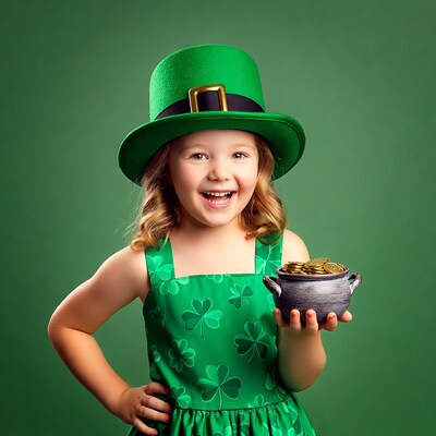 Girl holding leprechaun pot of gold