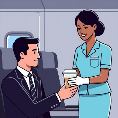Flight Attendant Serving Coffee to Passenger