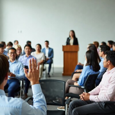 Man raising hand in conference