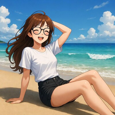 Anime girl smiling on beach