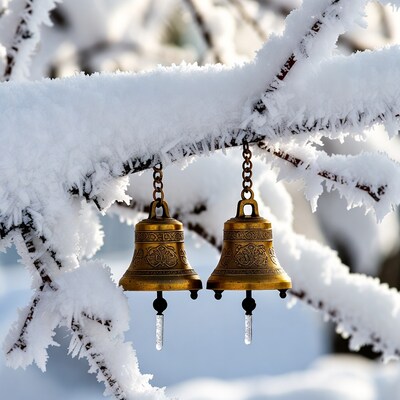 Golden bells hanging on snowy branch