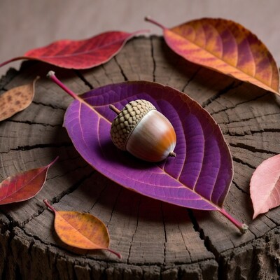 Acorn on Purple Leaf with Fall Leaves