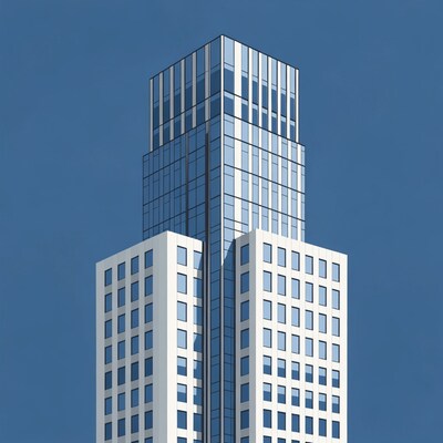 Modern white skyscraper against blue sky