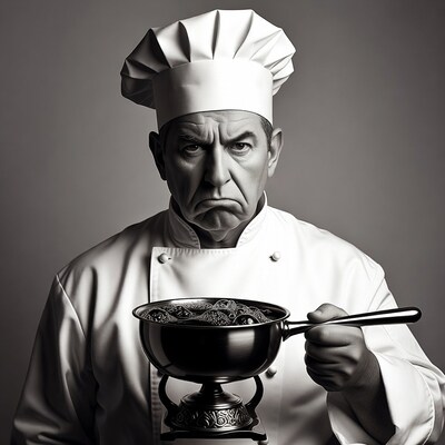 Angry chef holding soup bowl