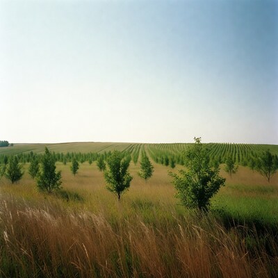 Vineyard rows with trees in grassy field