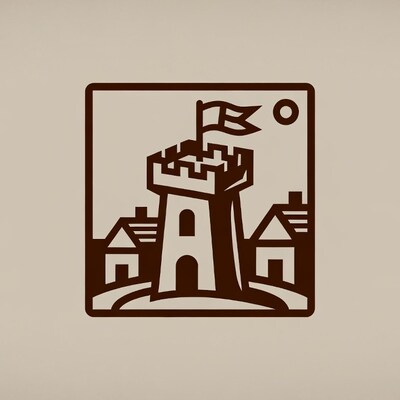 Tower with flag and houses illustration