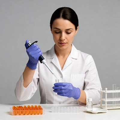Woman scientist pipetting in lab