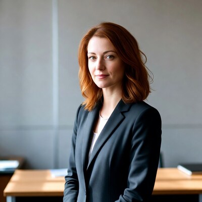 Redhead woman in suit at office desk