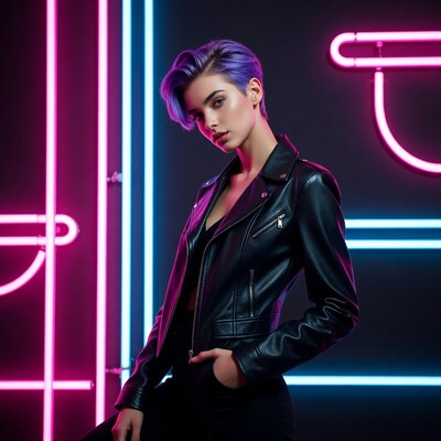 Purple-haired woman in leather jacket neon lights