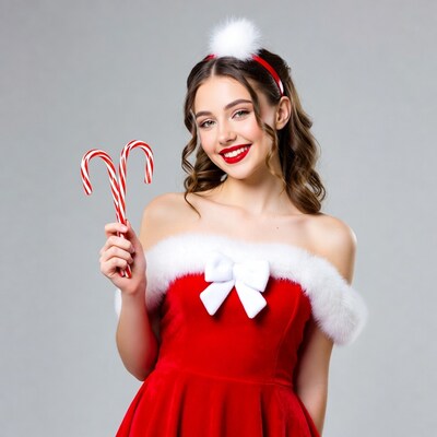 Woman in red Santa dress holding candy canes