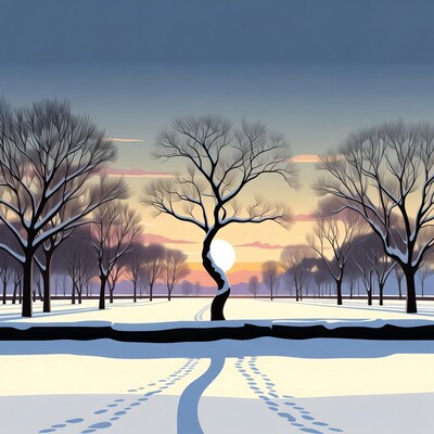 Snowy Trees Sunset with Footprints