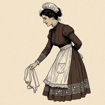 Victorian maid dusting with cloth