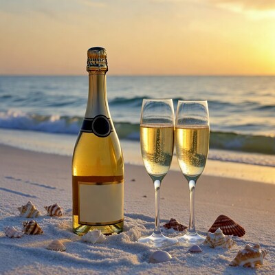 Champagne bottle and glasses on beach sunset