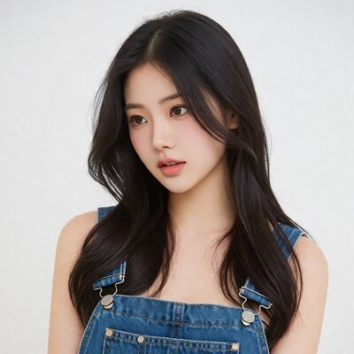 Asian woman in denim overalls