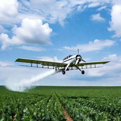 Crop Duster Airplane Spraying Soybean Field