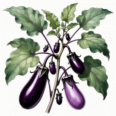 Eggplant Plant with Leaves and Fruits