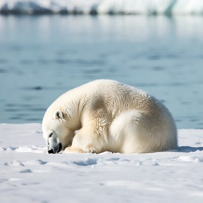 Polar bear sniffing snow