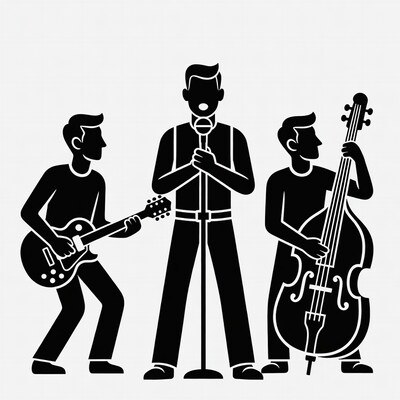 Three men playing guitar, vocals, bass