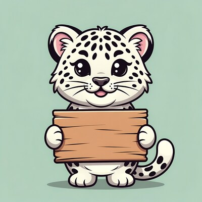 Cute snow leopard cub holding blank sign