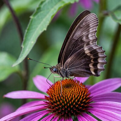 Brown butterfly on pink coneflower