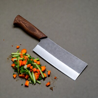 Cleaver Knife with Chopped Carrots and Cucumbers