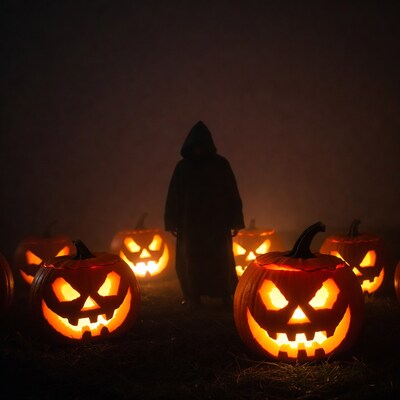 Hooded Figure Among Jack-o'-Lanterns