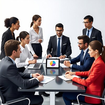 Business team meeting pie chart
