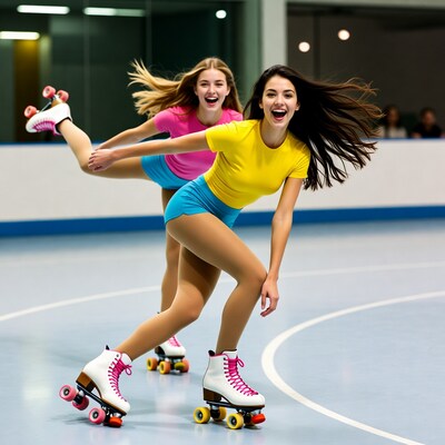 Two women roller skating in rink