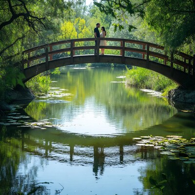 Couple standing on wooden bridge over lily pond