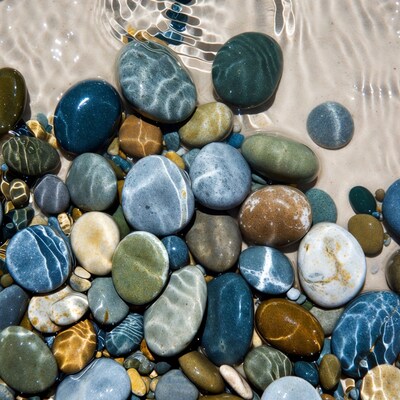 Colorful pebbles under shallow water
