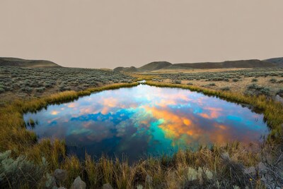 Pond reflecting colorful sunset clouds