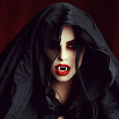 Vampire Woman with Fangs in Hood