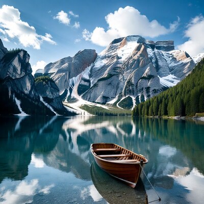 Wooden Boat on Turquoise Lake with Mountains