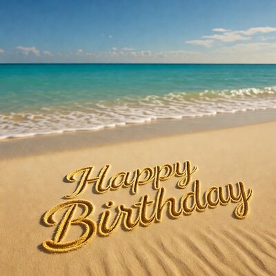 Happy Birthday in golden sand beach