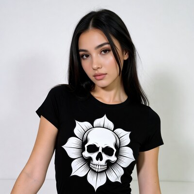 Asian woman in skull flower t-shirt
