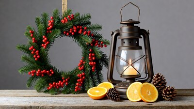 Christmas Wreath Lantern Oranges Pinecones