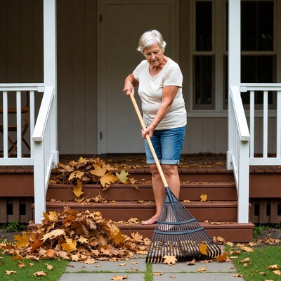 Elderly woman raking leaves on porch