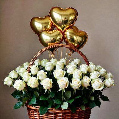 White Roses Basket with Gold Heart Balloons