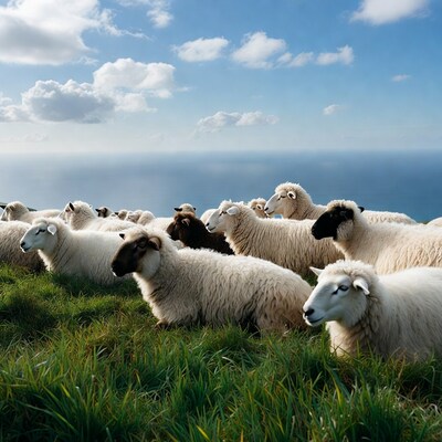 Sheep herd on cliff overlooking ocean