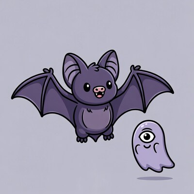 Cute bat flying with ghost