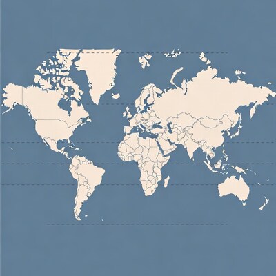 World Map Outline on Blue Background