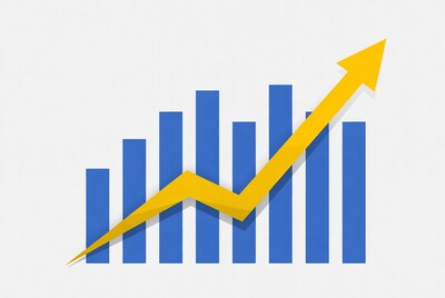 Blue Bar Graph with Yellow Upward Arrow
