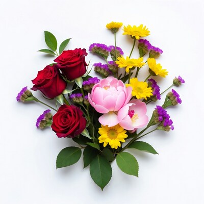 Red Roses Pink Peony Yellow Daisies Bouquet