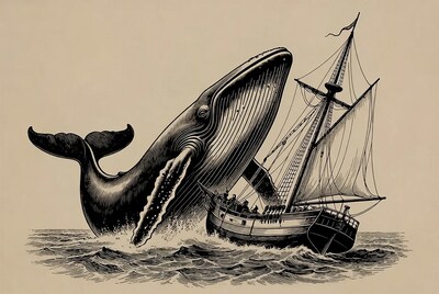 Whale attacking sailing ship